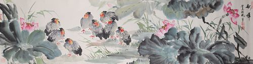 Chinese Ink & Color on Paper Painting of Birds in a Lotus Garden mounted as Scroll