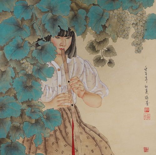 Chinese Ink & Color on Paper Painting of a Young Girl mounted as Scroll