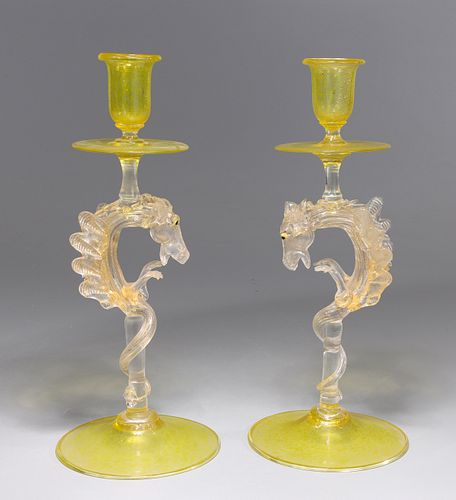 Pair Antique Hand-Blown Venetian Candlesticks