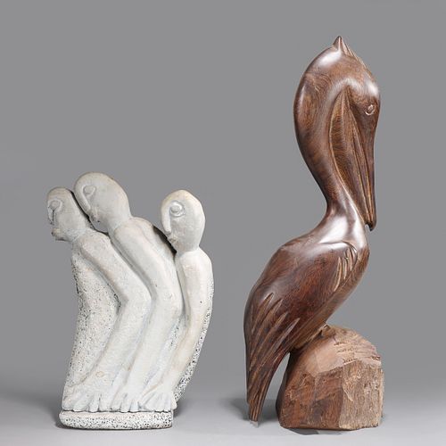 Pair Mid Century Carved Wood Pelican and Porous Stone Figural Sculpture