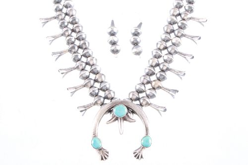 Vintage Navajo Squash Blossom Necklace Earring Set