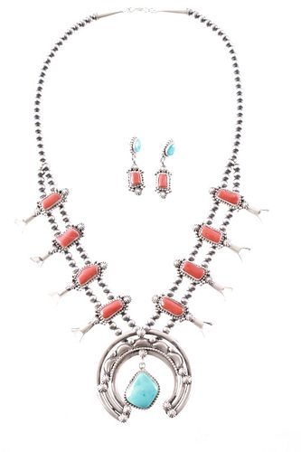 Navajo Coral & Turquoise Squash Blossom & Earrings
