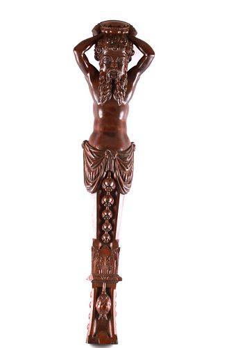 Rare 19th C. Neoclassical Hand-Carved Wood Newel