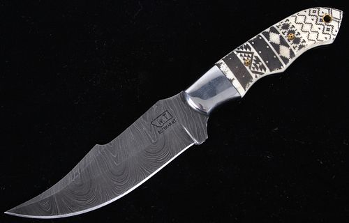 Navajo Pattern Scrimshaw Damascus Knife