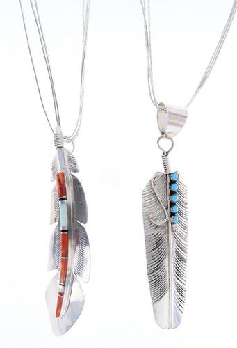 Navajo Silver Feather Multistone Necklace Pair