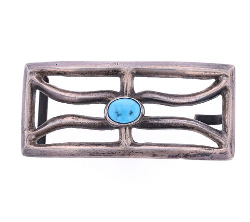 Navajo Sandcast Sterling Silver Turquoise Buckle