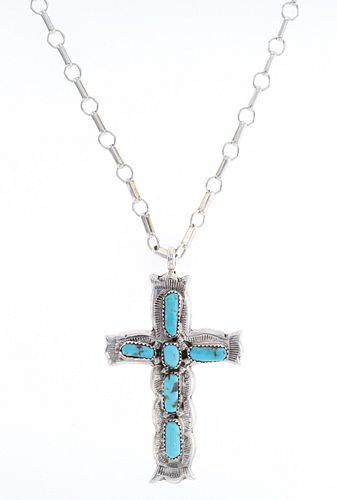 Zuni G & L Leekity Silver Turquoise Cross Necklace