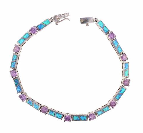 Opal & Brilliant Amethyst Sterling Silver Bracelet