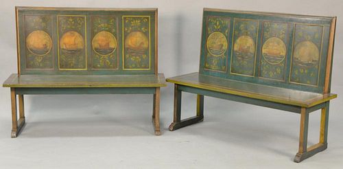 Pair of hand painted benches, ht. 42in.; wd. 54 in.