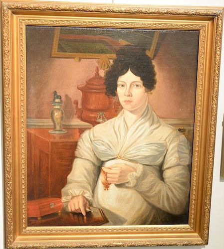 19th century oil on canvas portrait of a woman sewing, unsigned 30" x 24 1/2".