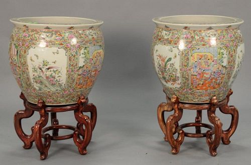 Pair of large Rose Famille fish bowls on stands, bowl ht. 21", dia. 22 1/2".