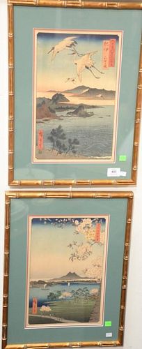 Five hand colored woodblock prints, framed and matted.