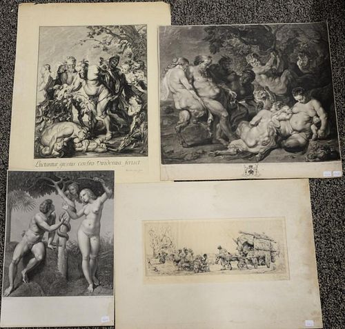 Group of eight engravings and etchings to include two etchings by Auguste Brouet (1872-1941), two engravings after Peter Paul Rubens...
