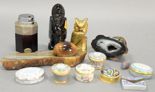 Tray lot to include Bonwit teller, Gucci lighter, 7 enameled and porcelain boxes, and three polished stone.