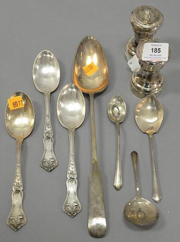 Group of seven sterling silver serving flatware pieces and a pair of sterling weighted salt and pepper grinders, 11.1 t oz weighable...