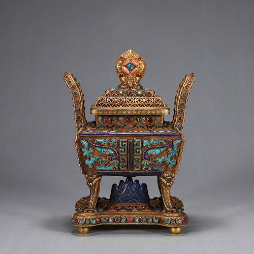 A taotie patterned gem-inlaid gilding copper incense burner