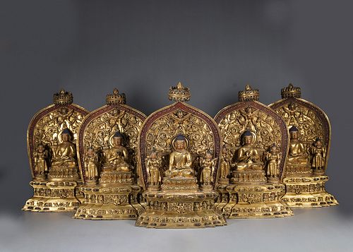 Five gem-inlaid copper Dhyani Buddhas