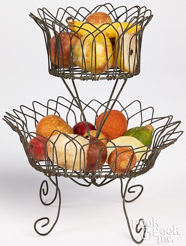 Miniature wire basket with stone fruit, 19th c.