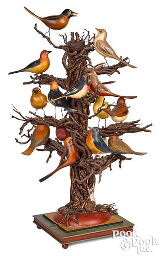 David Guilmet carved and painted root bird tree