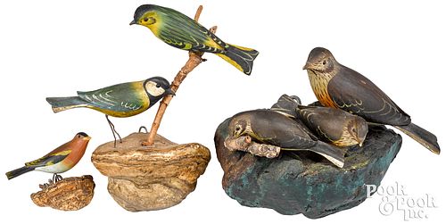 Three Pennsylvania polychrome song bird carvings