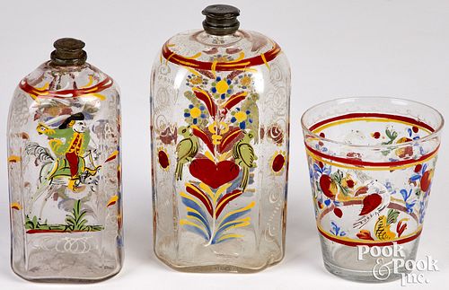 Three pieces of Stiegel type enameled glass