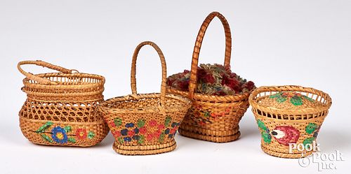 Four miniature painted woven baskets, early 20th c
