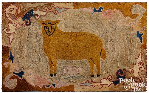 American hooked rug with sheep, dated 1900