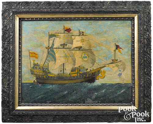 Galleon ship portrait painted on tin
