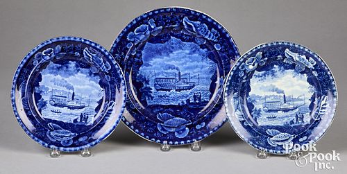 Three Historical Blue Staffordshire plates