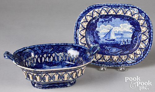 Blue Staffordshire basket and undertray