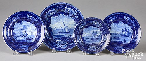 Four Historical Blue Staffordshire nautical plates