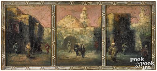 Leonid Gechtoff oil on board village triptych