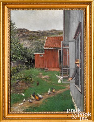 Niles Gude oil of a woman feeding chickens
