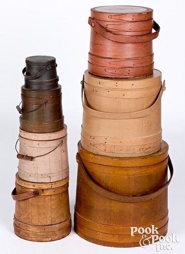 Stack of seven painted firkins, 19th c.