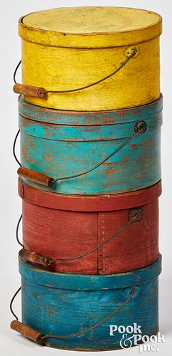 Four painted bentwood pantry boxes, 19th c.