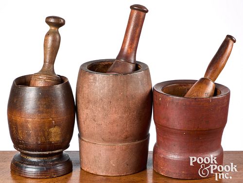 Three turned and painted mortar and pestles
