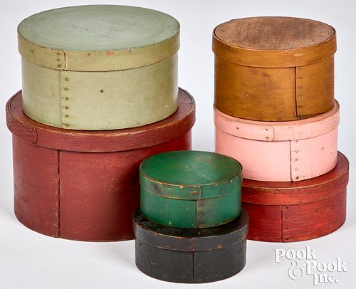 Seven painted bentwood pantry boxes, 19th c.
