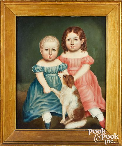 American oil on board portrait of young girls