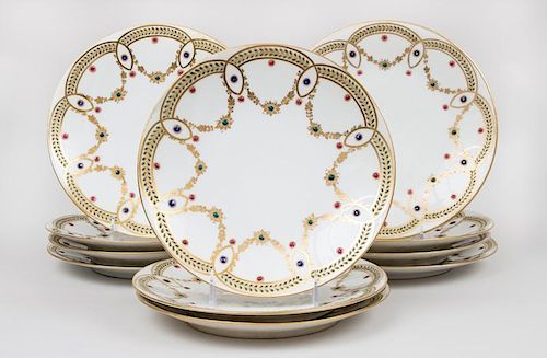Set of Eleven Dresden "Jeweled" Enamel Porcelain Plates