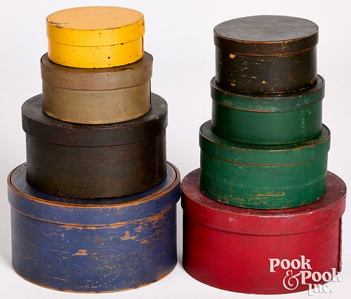 Stack of eight painted bentwood pantry boxes