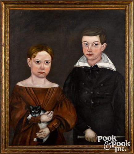American oil on canvas portrait of siblings