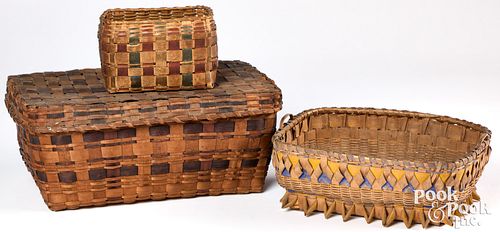 Three Woodlands painted splint baskets, 19th c.