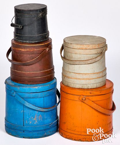 Stack of five painted firkins, 19th c.