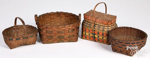 Four Woodlands stained splint baskets, 19th c.