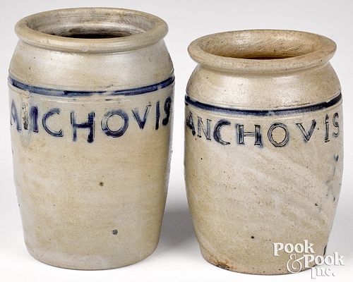 Two New England stoneware Anchovies jars