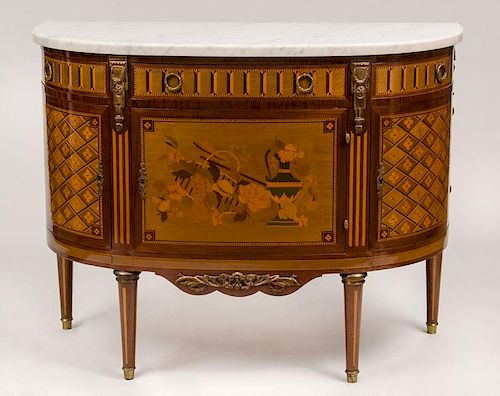 Louis XVI Style Marquetry and Parquetry Mahogany and Fruitwood Demilune Commode