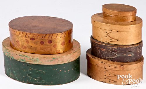 Stack of six Shaker finger jointed oval band boxes