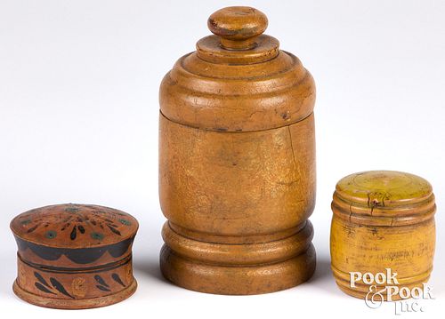 Three turned and painted lidded canisters, 19th c.