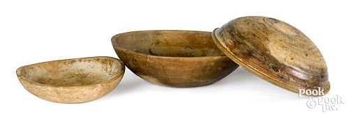 Three large turned wood bowls, 19th c.