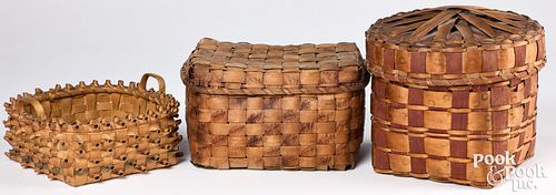Three woodlands painted splint baskets, 19th c.